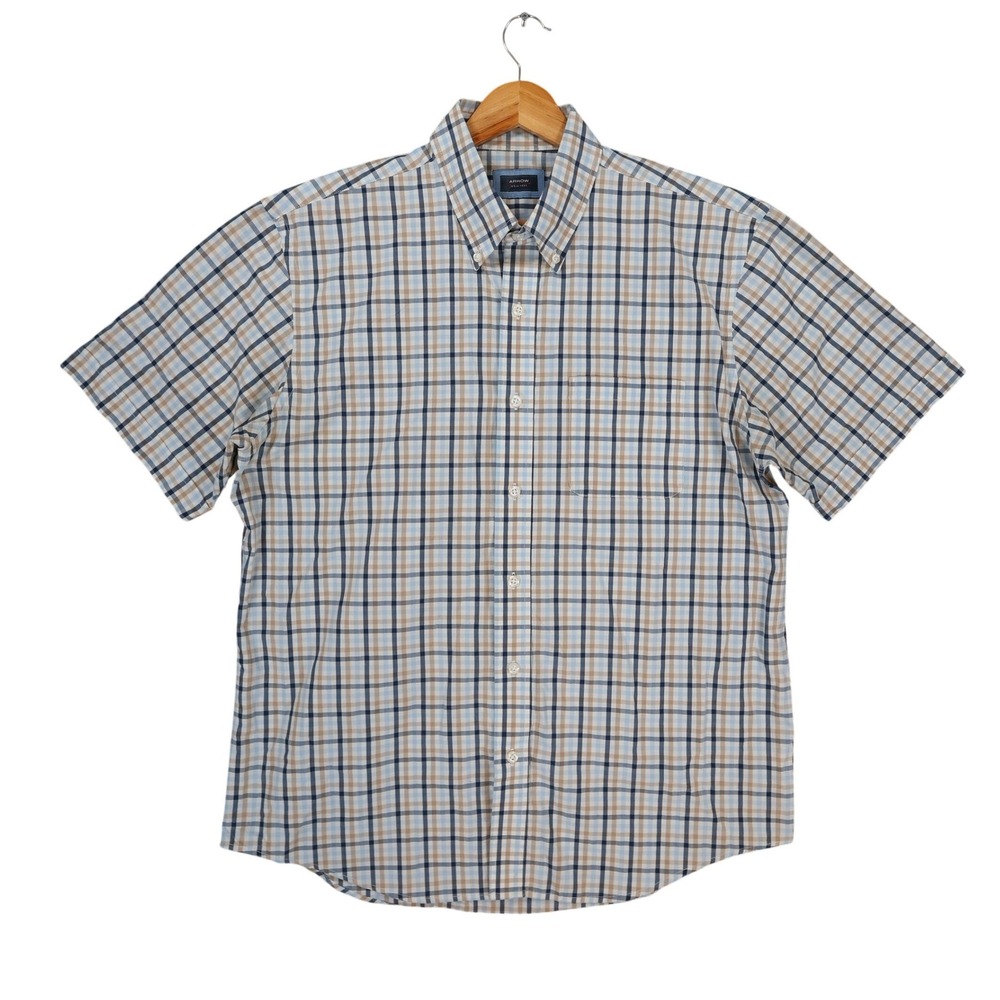 Arrow Button Down Shirt Mens Large Blue Tan‎ Plaid Cotton Blend Regular Fit